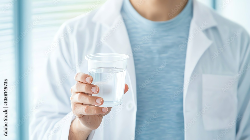 A healthcare professional holding a clear glass of water, symbolizing health, hydration, and wellness in a bright environment. A healthcare professional holding a clear glass of water, symbolizing health, hydration, and wellness in a bright environment.
