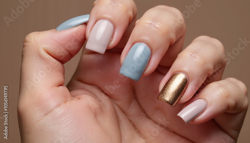 Minimalist Blue, Nude, and Gold Accent Summer Nail Design Saison Nail Design