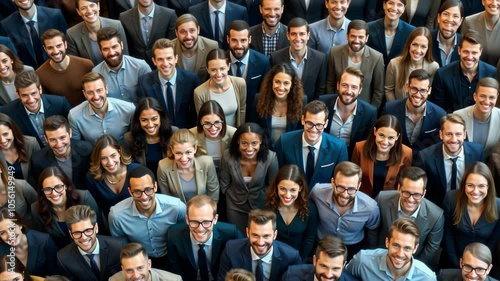 A vibrant assembly of professionals in formal attire exudes positivity and teamwork. their joyful expressions convey unity and confidence, ideal for showcasing workplace diversity and team collaborati photo