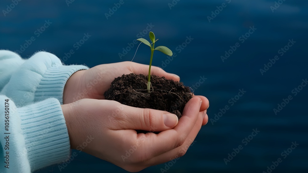 Hands in blue sweater holding damp soil with plant sprout against deep blue sky Hands in blue sweater holding damp soil with plant sprout against deep blue sky