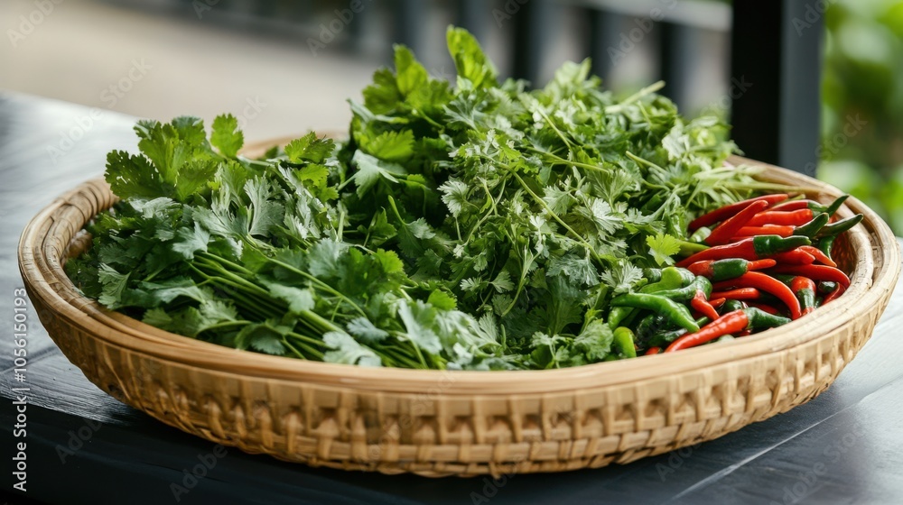 A beautifully arranged basket filled with fresh Thai herbs, A beautifully arranged basket filled with fresh Thai herbs,
