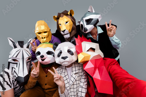 Photo of zebra gorilla raccoon lion panda sloth rooster mask people make selfie show v-sign isolated on grey color background photo