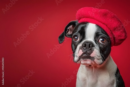 An Stock lifestyle portrait of a happy Boston Terrier wearing a beret against a maroon background. photo