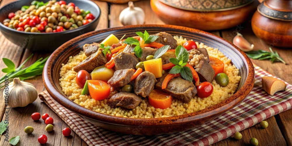 Traditional Tunisian couscous dish with vegetables and lamb meat , Tunisian, couscous, North African, traditional, dish, food Traditional Tunisian couscous dish with vegetables and lamb meat , Tunisian, couscous, North African, traditional, dish, food