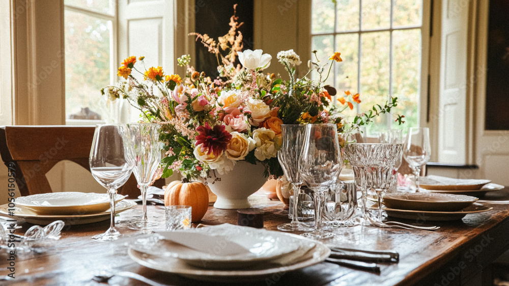 Dining room decor, interior design and autumn holiday celebration, elegant autumnal table decoration with candles and flowers, home decor, wedding and country cottage style idea Dining room decor, interior design and autumn holiday celebration, elegant autumnal table decoration with candles and flowers, home decor, wedding and country cottage style idea
