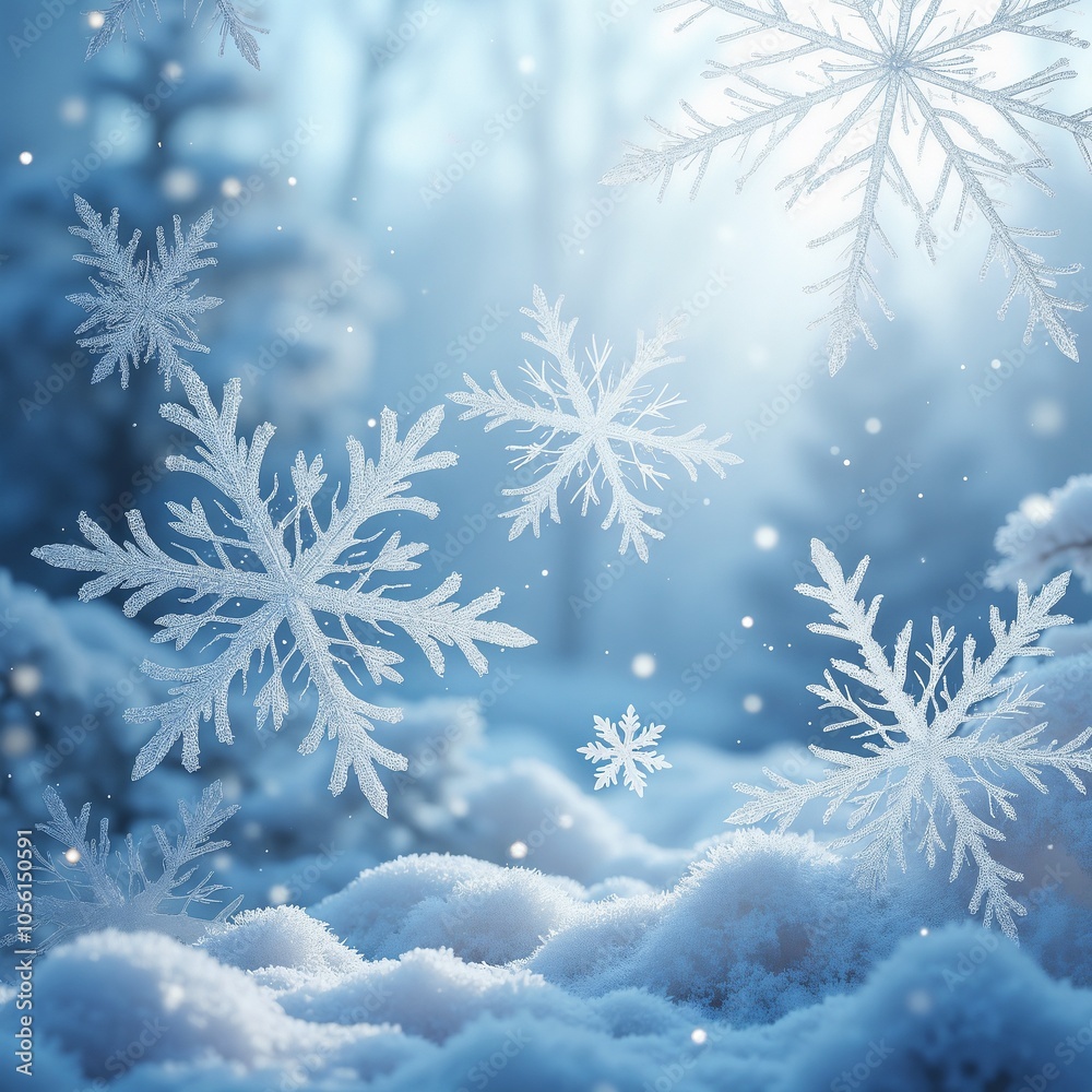 Beautiful snowflakes floating over a snowy landscape with soft blue light, winter magic Beautiful snowflakes floating over a snowy landscape with soft blue light, winter magic