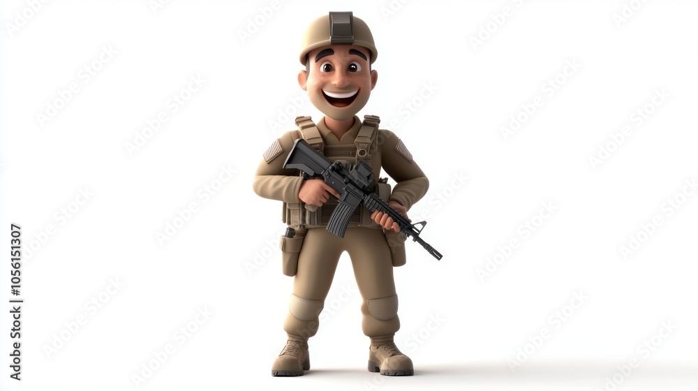 A cheerful 3D cartoon soldier in a combat pose, smiling confidently, A cheerful 3D cartoon soldier in a combat pose, smiling confidently,