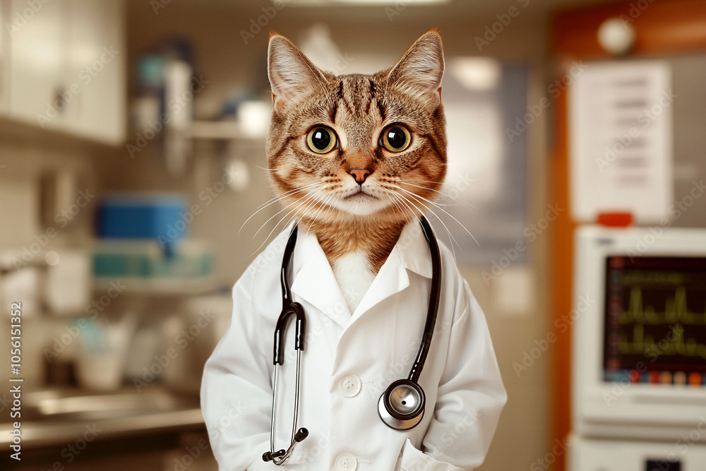 A humorous scene depicting a cat dressed as a doctor, standing in front of a medical cabinet. The cat wears a tiny lab coat and a stethoscope around its neck, looking inquisitively A humorous scene depicting a cat dressed as a doctor, standing in front of a medical cabinet. The cat wears a tiny lab coat and a stethoscope around its neck, looking inquisitively