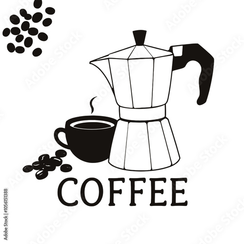 a black and white silhouette of a coffee pot and a cup of coffee. The coffee pot is in the center of the image, with the word COFFEE
