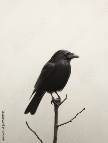 Crow Perched on Branch Against Soft Background