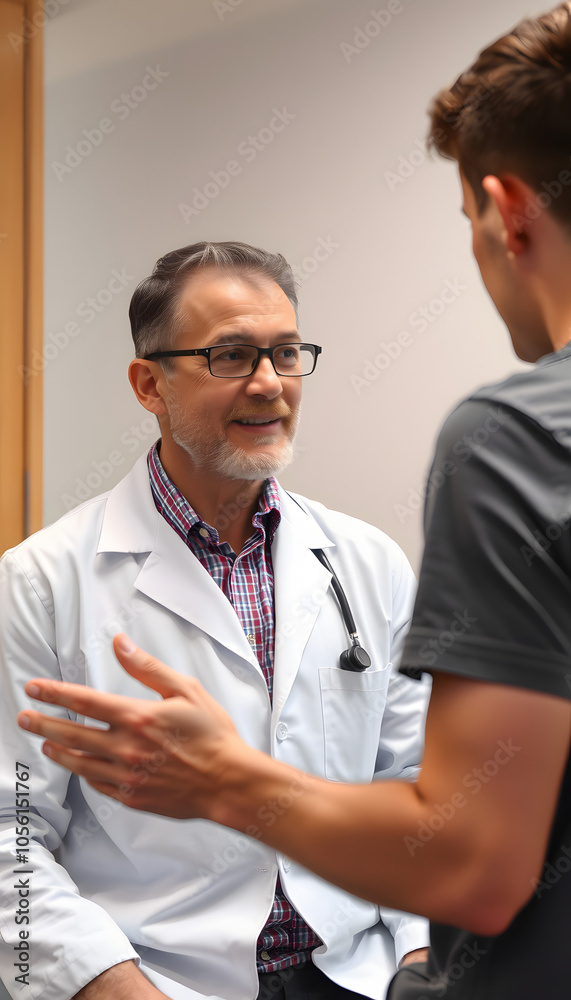 Male doctor is consulting with a young man about prostate cancer and venereal disease and sexual dysfunction about the causes of erectile dysfunction in an examination room isolated with white highl