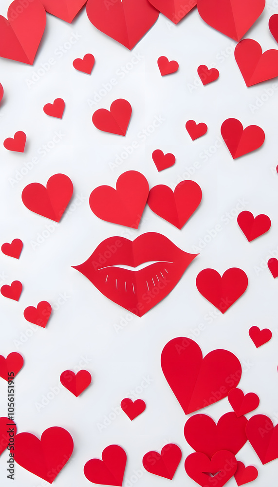 Cut out of paper a lot of red hearts with lips on a white background. Valentine's day, love concept isolated with white highlights, png Cut out of paper a lot of red hearts with lips on a white background. Valentine's day, love concept isolated with white highlights, png