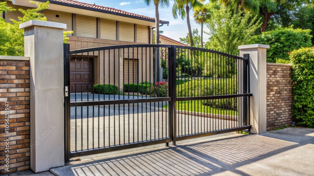 A closed entry gate in a secure residential area, security, locked, entrance, exclusive, private, neighborhood, luxury A closed entry gate in a secure residential area, security, locked, entrance, exclusive, private, neighborhood, luxury