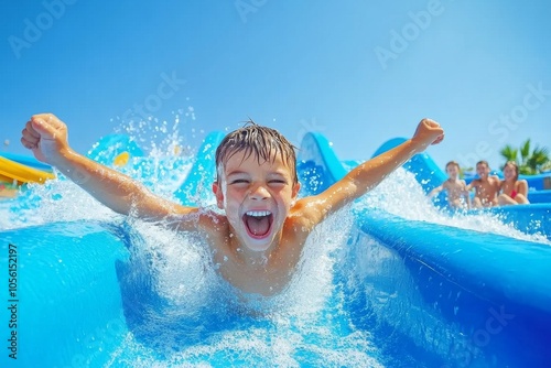 kid sliding down water slide