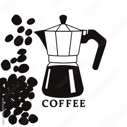 a black and white silhouette of a coffee pot and a cup of coffee. The coffee pot is in the center of the image, with the word COFFEE