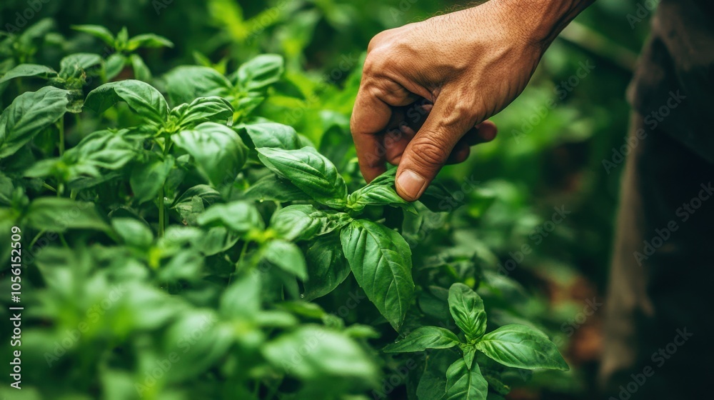 A close-up shot of a hand picking fresh Thai basil from a lush green herb garden. A close-up shot of a hand picking fresh Thai basil from a lush green herb garden.