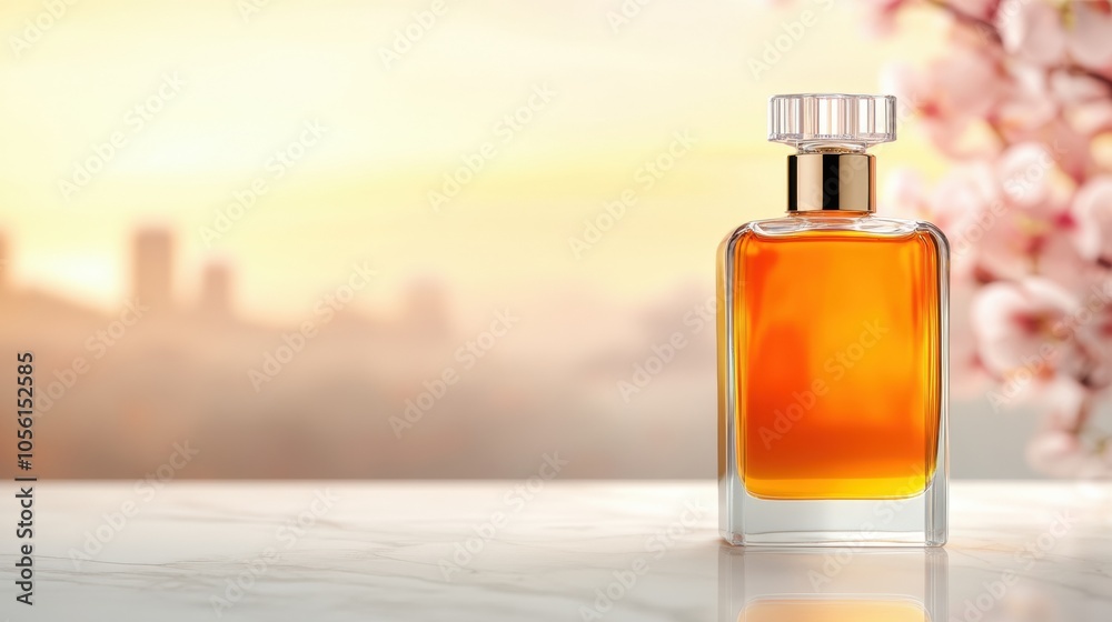 Elegant perfume bottle with amber liquid on a marble surface, cherry blossoms nearby, AI Elegant perfume bottle with amber liquid on a marble surface, cherry blossoms nearby, AI