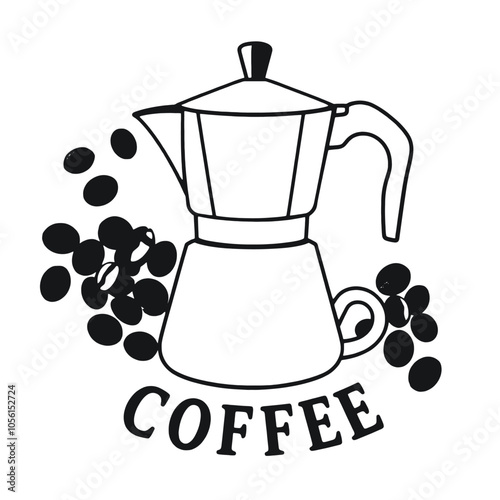 a black and white silhouette of a coffee pot and a cup of coffee. The coffee pot is in the center of the image, with the word COFFEE
