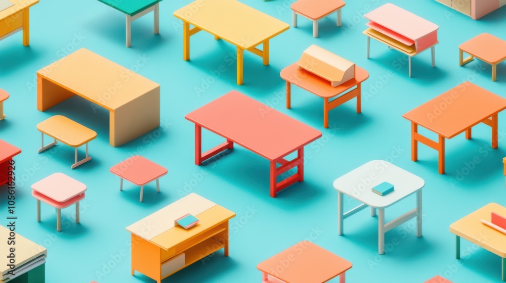 A collection of colorful desks arranged in a pattern on a smooth A collection of colorful desks arranged in a pattern on a smooth