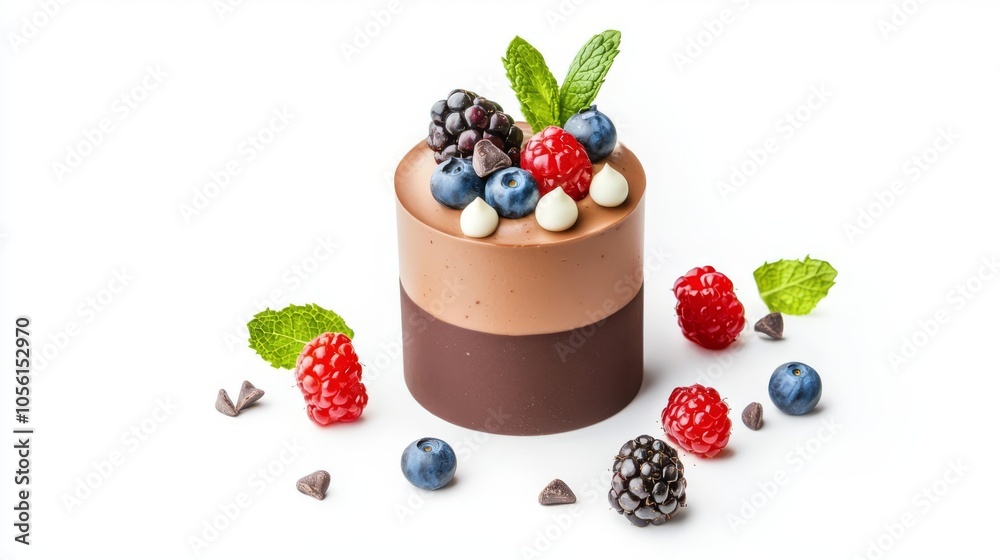 A delicious chocolate dessert topped with fresh berries and mint leaves, perfect for any sweet tooth craving. A delicious chocolate dessert topped with fresh berries and mint leaves, perfect for any sweet tooth craving.