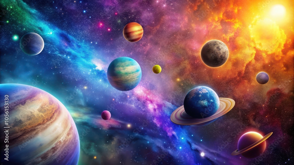 Planets of the cosmos in a vibrant and colorful space setting, cosmic, planets, universe, space, stars Planets of the cosmos in a vibrant and colorful space setting, cosmic, planets, universe, space, stars