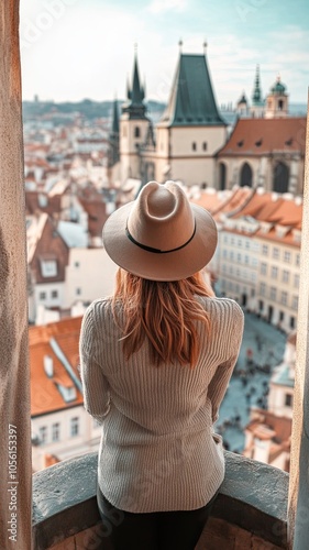 A woman wearing a hat and a gray sweater is looking out over a city