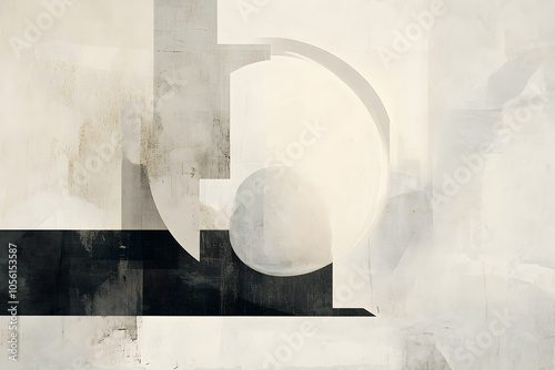 Abstract geometric design with faded and layered shapes in shades of white and black.