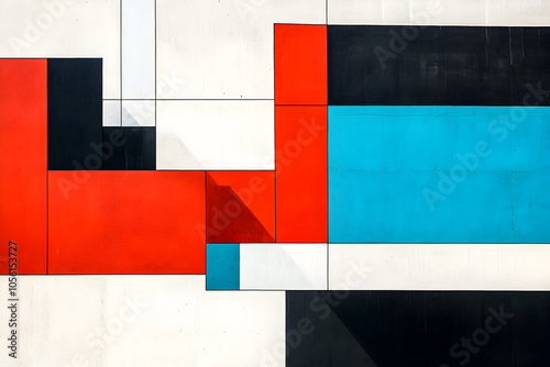 Abstract geometric pattern in red, black, white, and blue on a white wall.