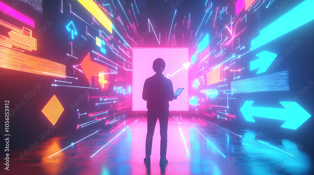 Fototapeta premium 3d render of man with laptop and abstract neon lights tunnel background
