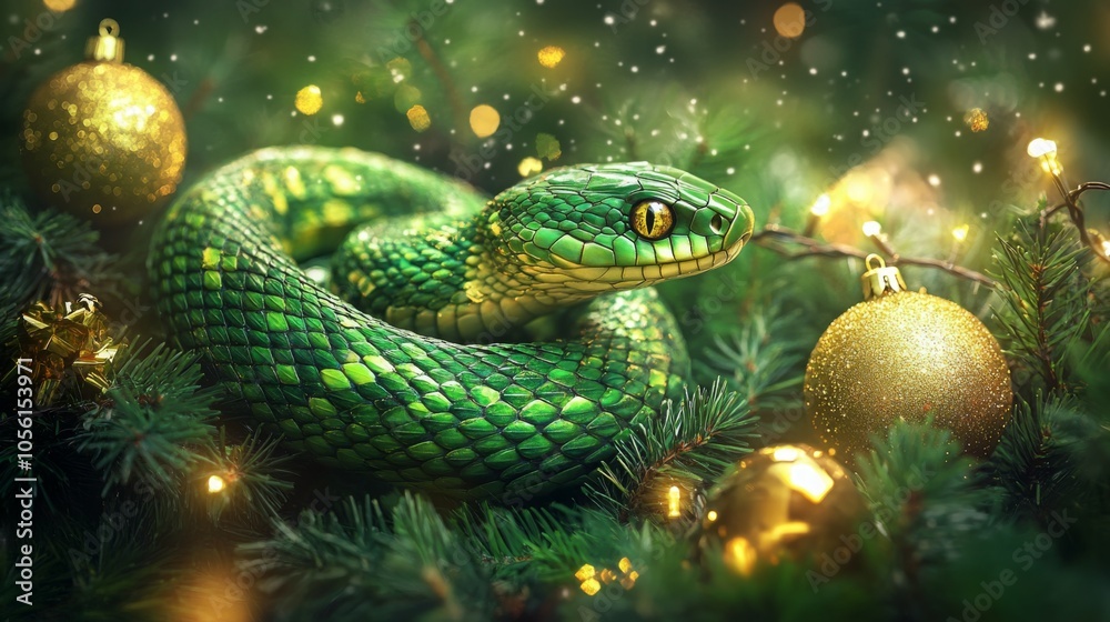 Fototapeta premium A vibrant green snake coils gracefully around pine branches adorned with golden ornaments. Soft snowflakes gently fall, enhancing the holiday atmosphere in a serene and natural winter scene.