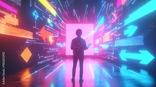 Fototapeta Naklejka Na Ścianę i Meble -  3d render of man with laptop and abstract neon lights tunnel background