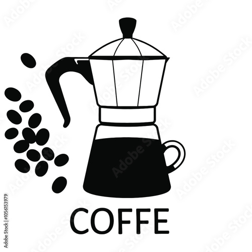 a black and white silhouette of a coffee pot and a cup of coffee. The coffee pot is in the center of the image, with the word COFFEE