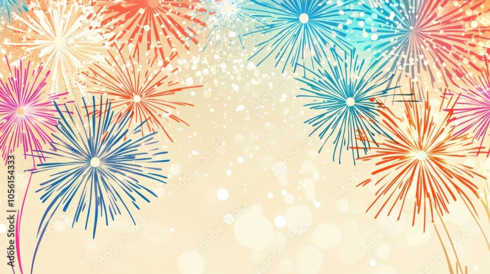 A festive display of fireworks against a soft beige background, A festive display of fireworks against a soft beige background,