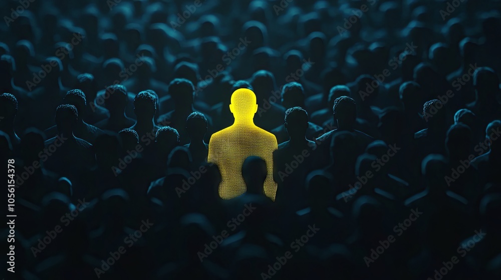 Obraz premium Glowing Figure in a Crowd: A Digital Art Exploration of Individuality