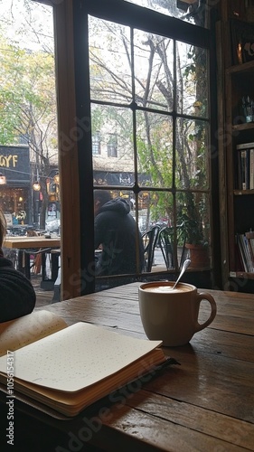 A coffee cup sits on a table next to a notebook