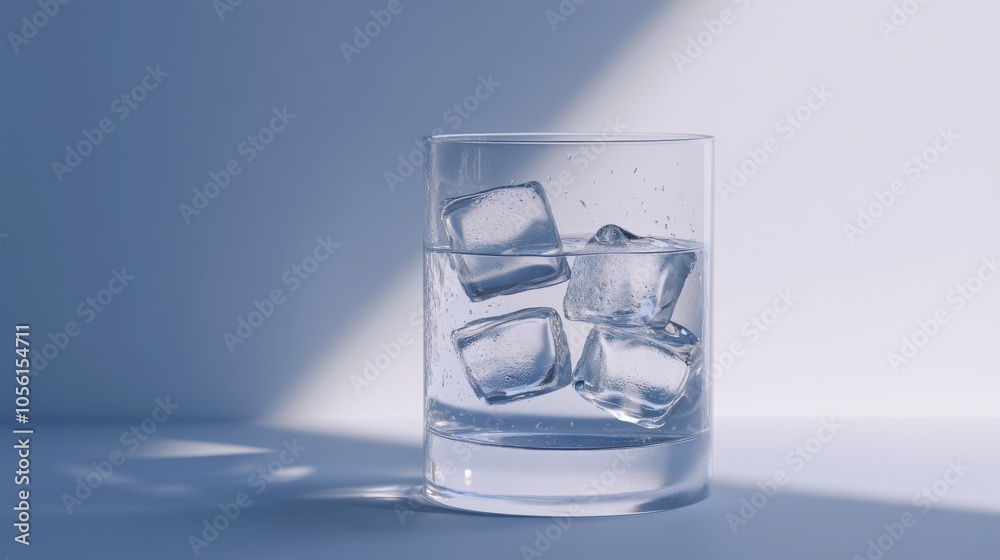 A glass of water with ice cubes, condensation on the glass, in a minimalist setting, A glass of water with ice cubes, condensation on the glass, in a minimalist setting,