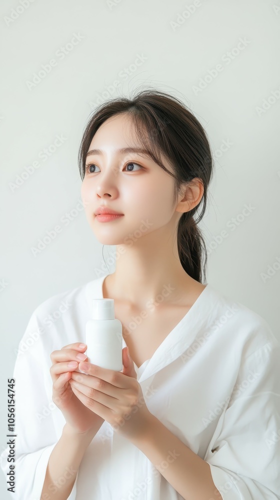 Korean Girl Holding Skincare Mist in Modern Interior Korean Girl Holding Skincare Mist in Modern Interior