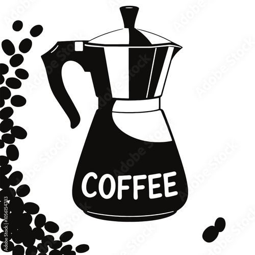 a black and white silhouette of a coffee pot and a cup of coffee. The coffee pot is in the center of the image, with the word COFFEE