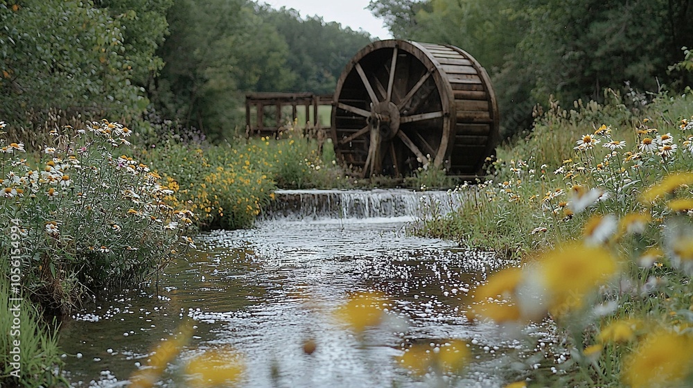 Stream flowing through lush green forest with yellow and white flowers and water wheel in background Stream flowing through lush green forest with yellow and white flowers and water wheel in background