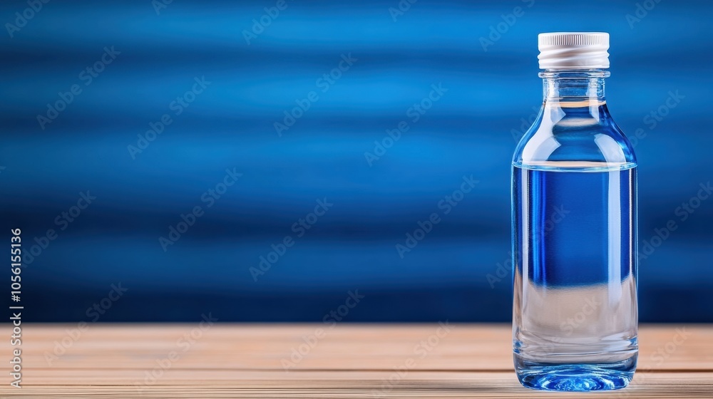 Clear water bottle on wooden surface against a blue background, AI