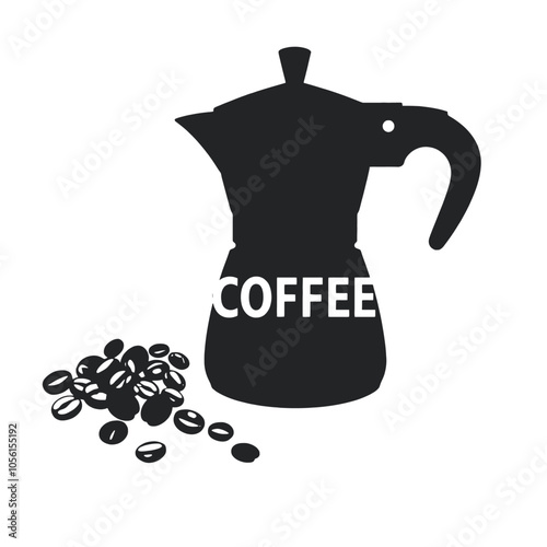 a black and white silhouette of a coffee pot and a cup of coffee. The coffee pot is in the center of the image, with the word COFFEE