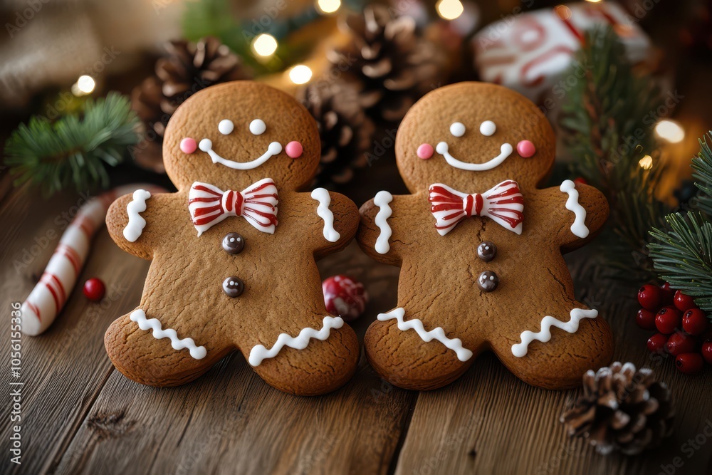 Two cheerful gingerbread figures with smiling faces and white icing decorations, surrounded by Christmas elements like pinecones, red berries, and candy canes, wooden surface with warm lighting Two cheerful gingerbread figures with smiling faces and white icing decorations, surrounded by Christmas elements like pinecones, red berries, and candy canes, wooden surface with warm lighting