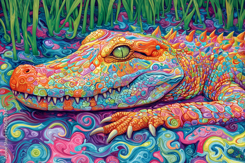 psychedelic crocodile lounging in a vibrant swamp, its scales a kaleidoscope of swirling colors
