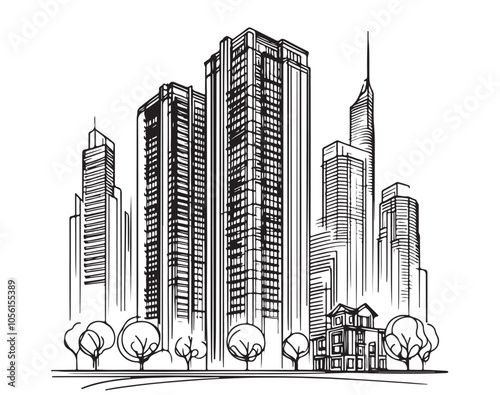 High rise building sketch, line