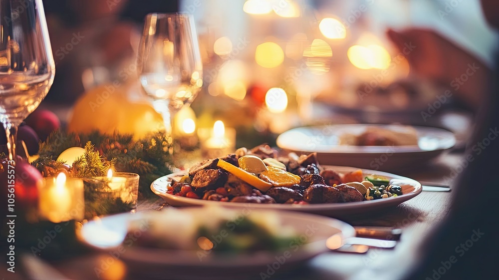 A table with a variety of food and drinks, including wine glasses and candles