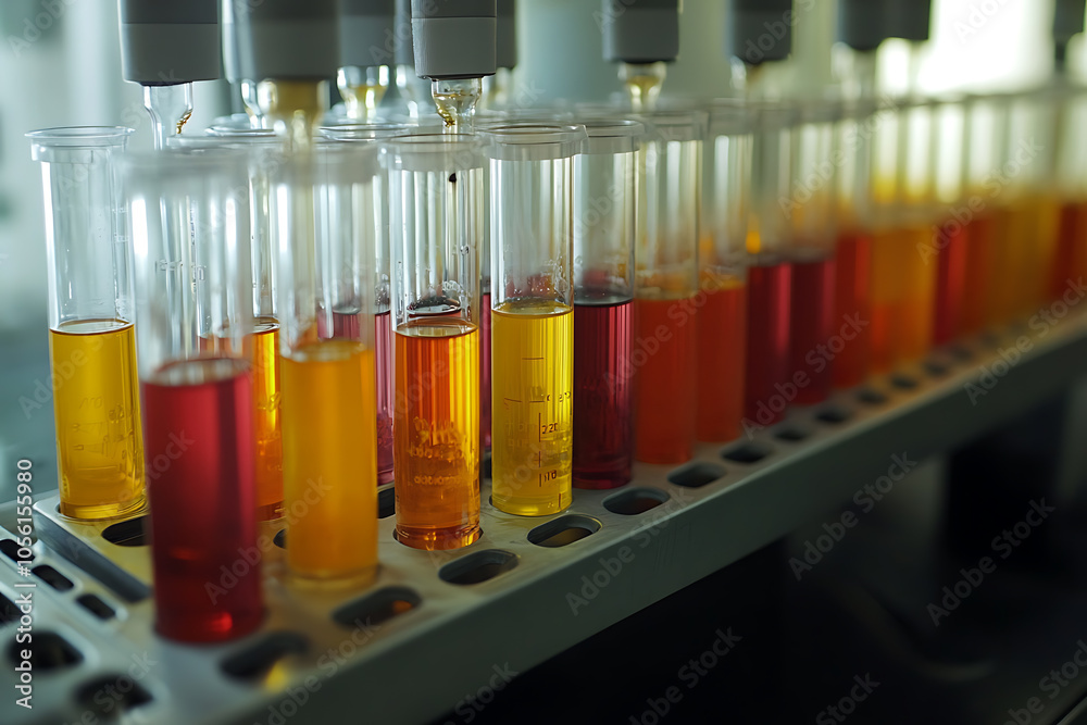 a professional laboratory setup with a focus on a set of transparent test tubes a professional laboratory setup with a focus on a set of transparent test tubes