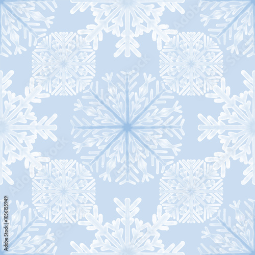 Blue hand drawn snowflakes, blue background. Seamless floral pattern-469.