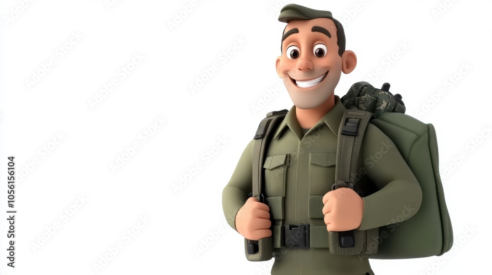 A joyful 3D cartoon soldier with a wide smile, holding a military backpack, A joyful 3D cartoon soldier with a wide smile, holding a military backpack,