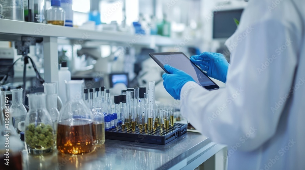 Fototapeta premium A lab bench filled with cannabis samples, extraction tools,