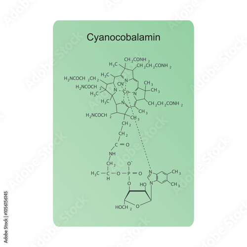 Cyanocobalamin skeletal structure diagram.Vitamin B12 compound molecule scientific illustration.